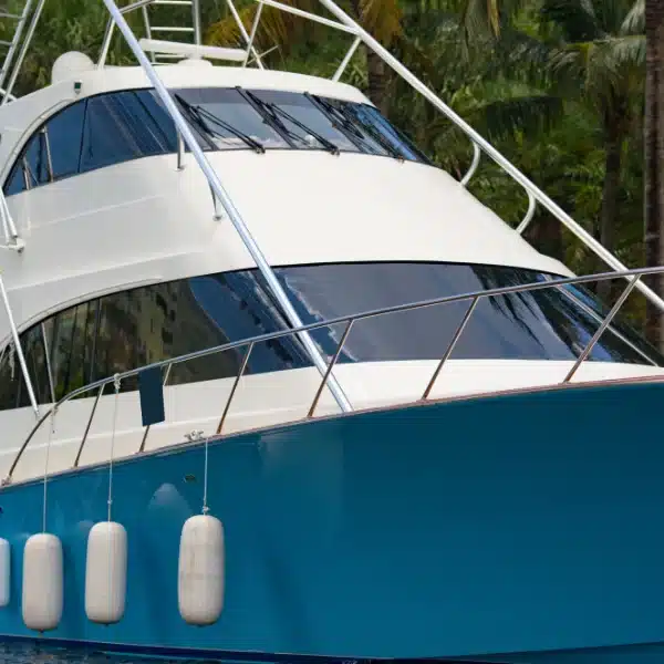 large blue boat deck showing newly tinted windows