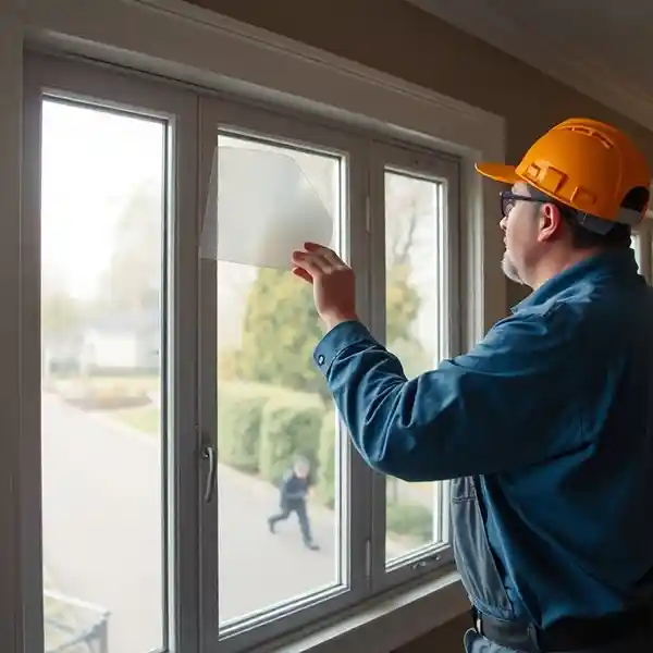 technician wearing an orange hard hat applying window tinting inside home